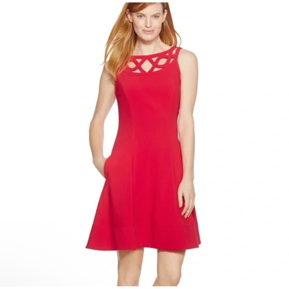 NWT White House Black Market Red Fit Flare Dress 6 cutout holiday Party cocktail